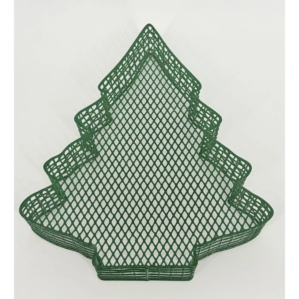 Vintage Metal Christmas Tree Shaped Coated Wire Basket Green 12 Inches